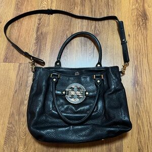 TORY BURCH Amanda Tote Hobo Black Pebbled Leather Handbag Purse Removable Strap